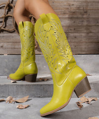 Stylish Yellow Hollow Out Solid Chunky Boots Faux Leather