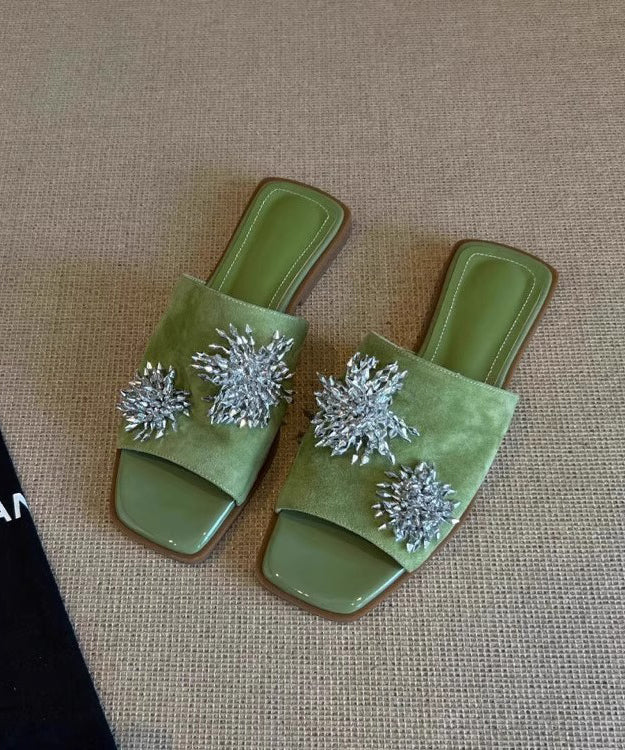 Italian Floral Splicing Green Cowhide Leather Slide Sandals Peep Toe