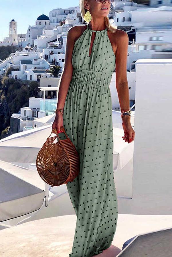 elegant vacation style printed large hanging neck design with a sense of long skirt