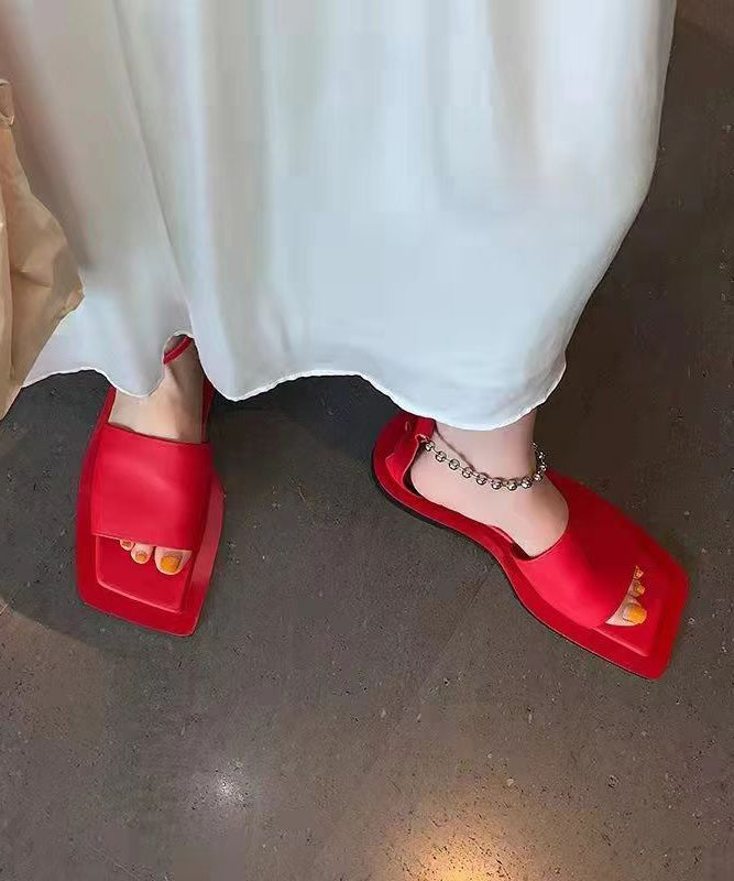 Red Faux Leather Flat Sandals Peep Toe Buckle Strap