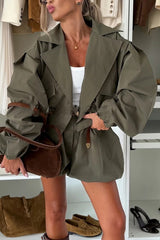 Style Button Long Balloon Sleeve Pocket Lapel Casual Bomber Jacket