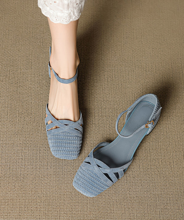 Women Buckle Strap Splicing Chunky Sandals Caramel Suede