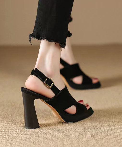 Black Sandals High Heel Sheepskin Splicing Peep Toe Buckle Strap