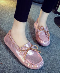 Unique Splicing Flat Shoes Silver Sequins Bow Faux Leather