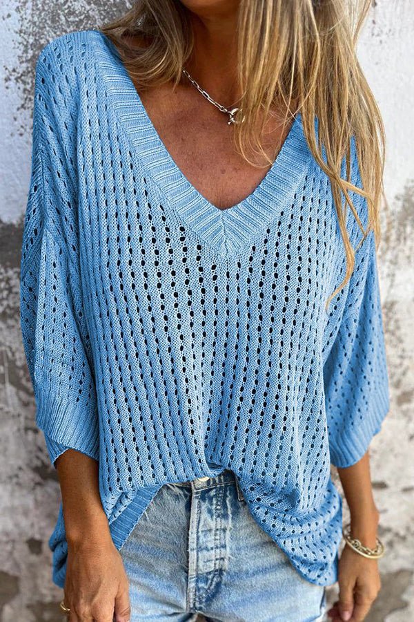 Hollow V-neck Long-sleeved Casual Loose Knitted Top