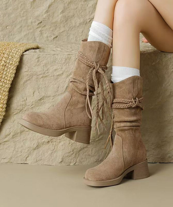 Brown Chunky Suede Tassel Splicing Cowboy Boots