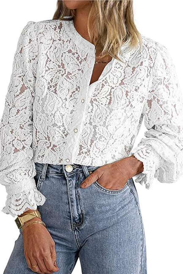 Lace Long-sleeved Casual Button-down Shirt
