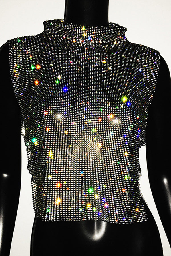 High-neck Rhinestone Metallic Top