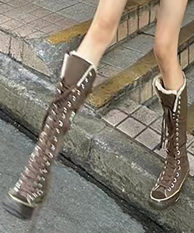 Brown Canvas Lace Up Splicing Boots Fuzzy Wool Lined