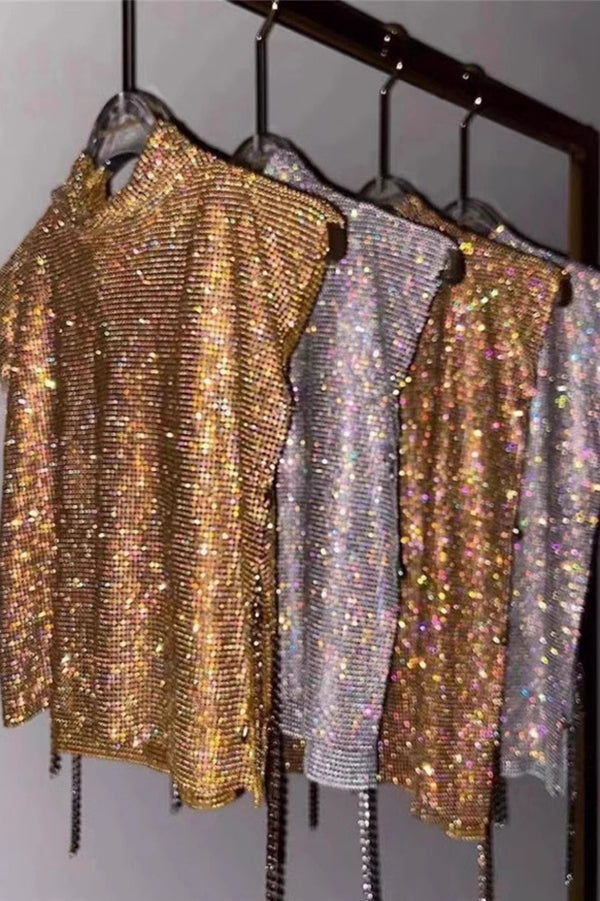 High-neck Rhinestone Metallic Top