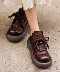 Coffee Platform Cowhide Leather Boho Splicing Boots Lace Up