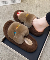 Yellow Fuzzy Fur Fluffy Warm Slippers Shoes Splicing Peep Toe