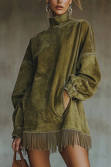 Suede High-neck Long-sleeved Loose-fitting Pockets Tassel Mini Dress