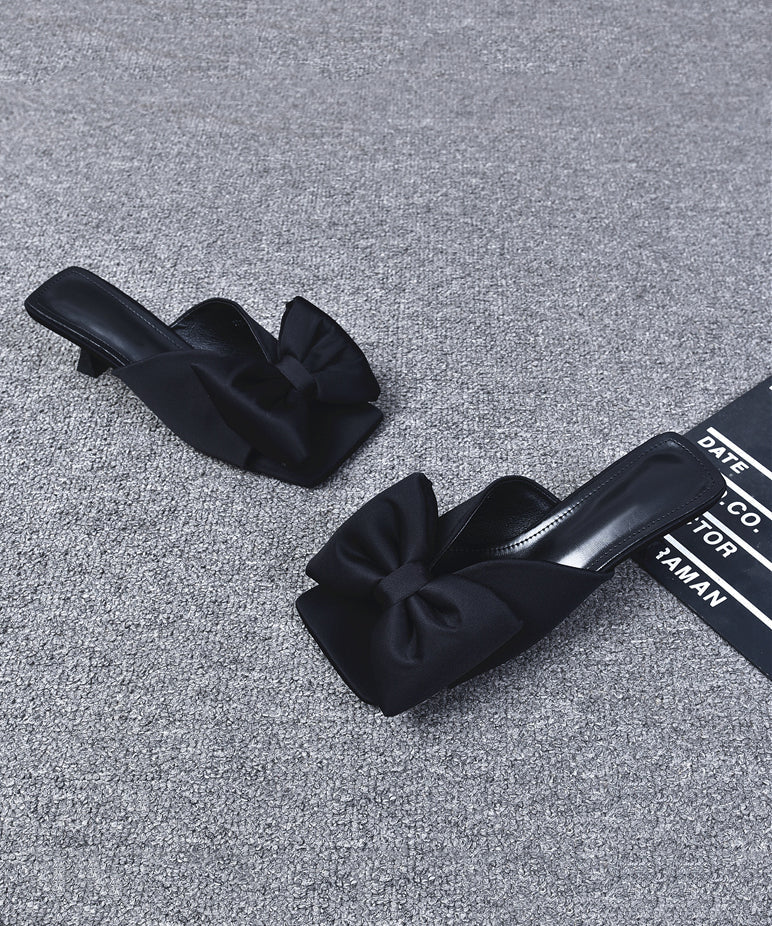 Black High Heel Bow Splicing Slide Sandals