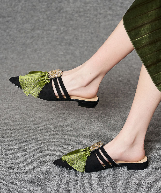 Black Velour Tassel Splicing Slide Sandals Pointed Toe
