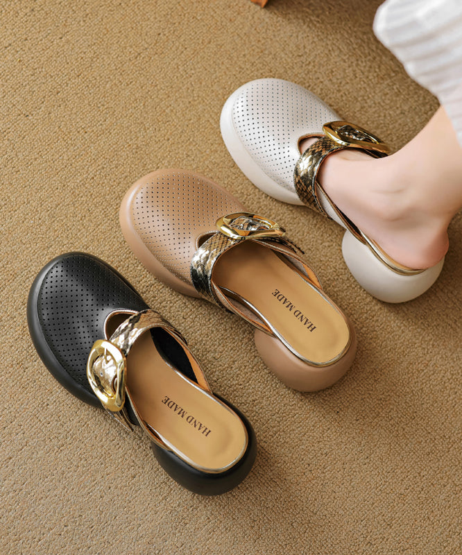 Apricot Platform Cowhide Leather Hollow Out Slide Sandals