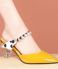 Pointed Toe Chunky Yellow Cowhide Leather High Heel Slippers
