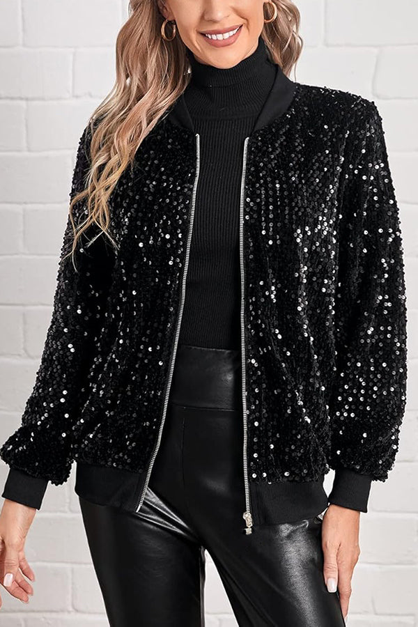 Sequined Long-sleeved Zip-up Casual Jacket