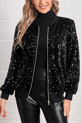 Sequined Long-sleeved Zip-up Casual Jacket
