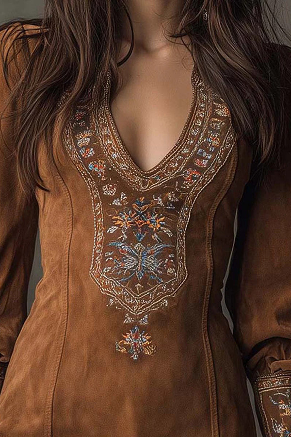 Suede Embroidered V-neck Long-sleeved Slim-fit Mini Dress