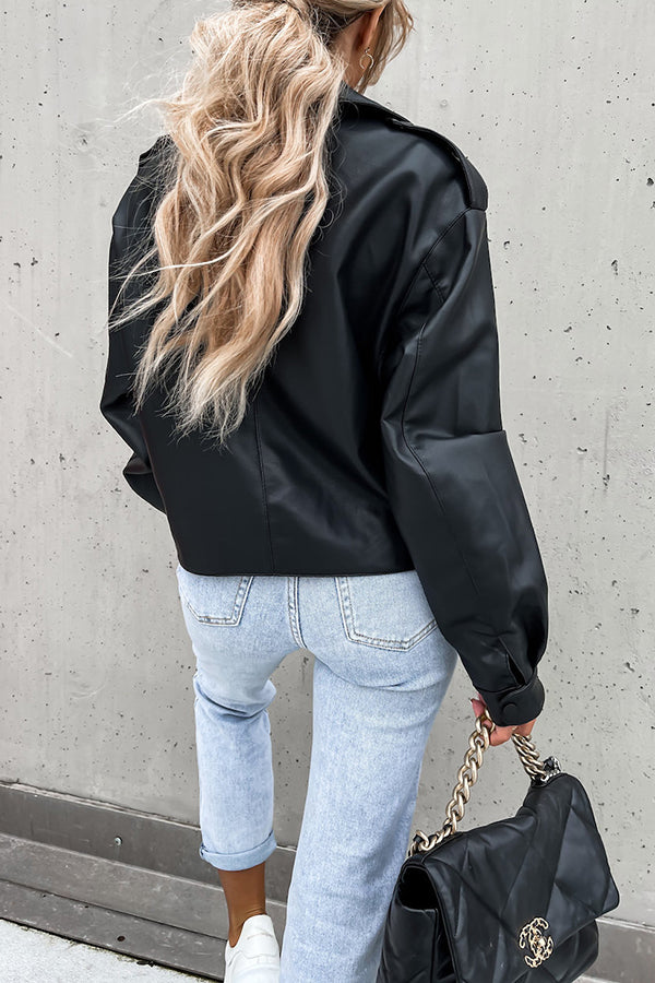 Leather Lapel Pocket British Style Cropped Jacket