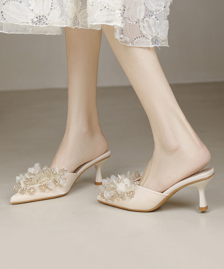 French Apricot Satin Zircon High Heels Slide Sandals