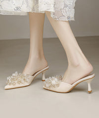 French Apricot Satin Zircon High Heels Slide Sandals