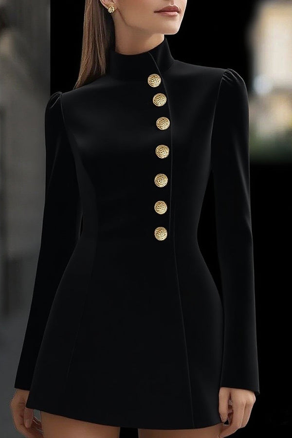 Stand Collar Single-Breasted Slim Fit Formal Mini Dress