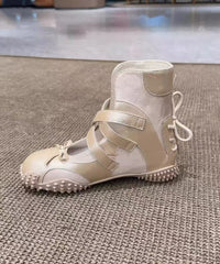 Fashion Bow Lace Up Splicing Flats Shoes Nude Faux Leather