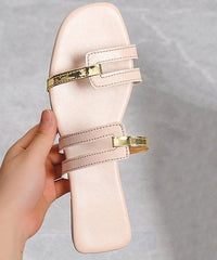 Peep Toe Faux Leather Beige Splicing Flats Slide Sandals