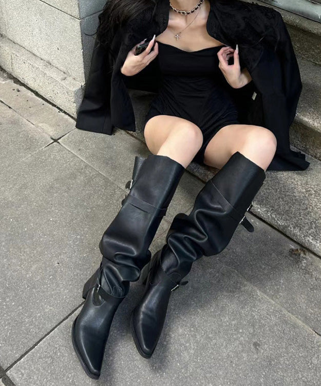 New Splicing Buckle Chunky Boots Black Faux Leather