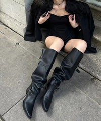 New Splicing Buckle Chunky Boots Black Faux Leather