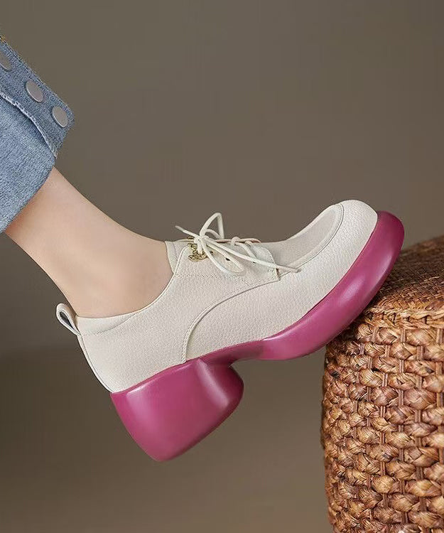 Beige Cowhide Leather Splicing Chunky Loafer Shoes Lace Up