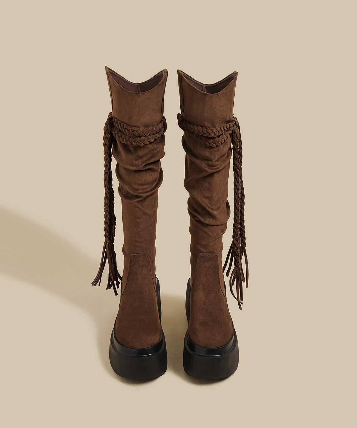 Brown Wrinkled Tassel Splicing Platform Boots