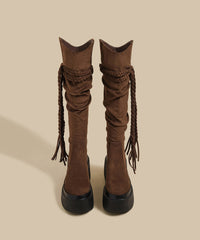 Brown Wrinkled Tassel Splicing Platform Boots