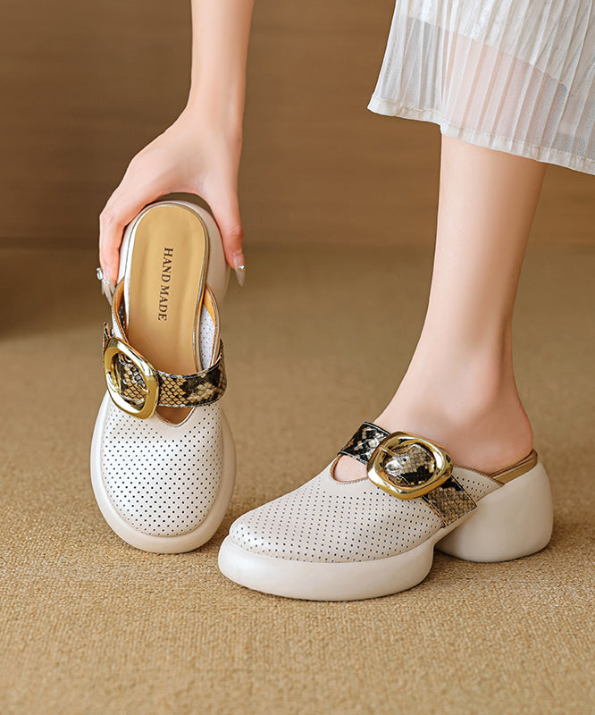 Apricot Platform Cowhide Leather Hollow Out Slide Sandals