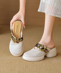 Apricot Platform Cowhide Leather Hollow Out Slide Sandals