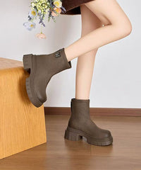 Khaki Boots Chunky Faux Leather Splicing Zippered