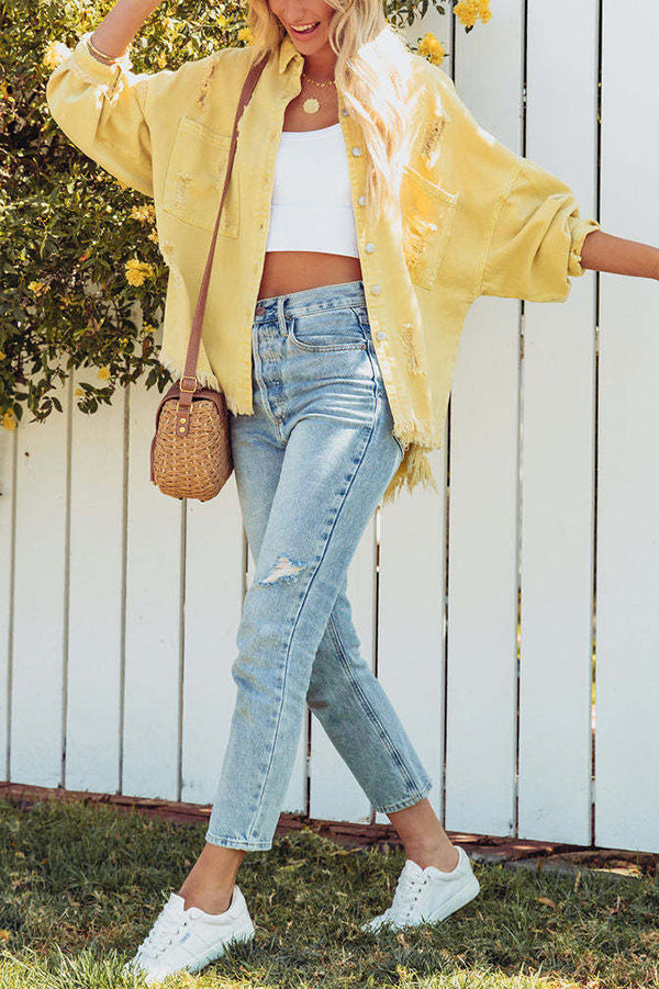Lapel Long Sleeve Ripped Denim Jacket