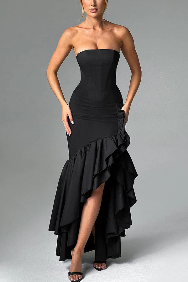 off shoulder, off shoulder strapless, hip hugging, irregular wave party dress