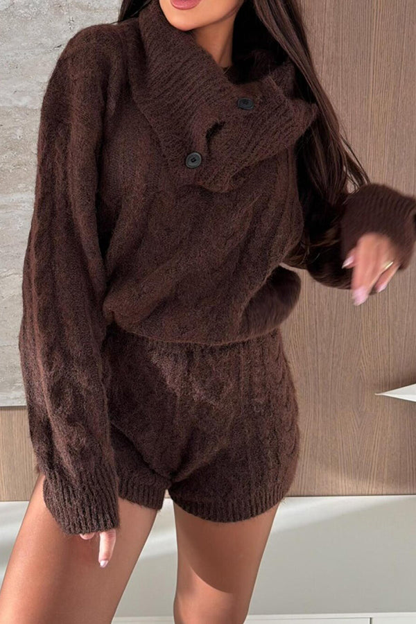 Diviano Cabble Knit Button Scarf Long Sleeve Sweater and Stretch Mini Shorts Set(3 Pieces)
