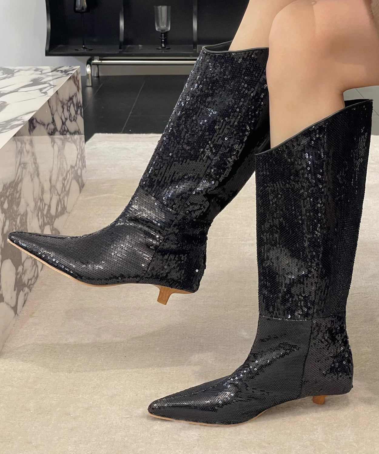 Stylish Apricot Kitten Heels Sequins Boots