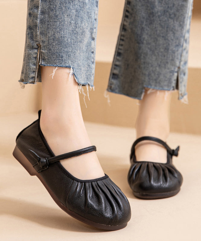 Brown Comfy Cowhide Leather Splicing Flat Shoes Wrinkled