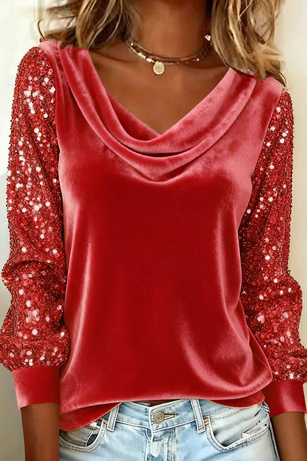Velvet Sequin Patchwork Long-sleeved Casual Top