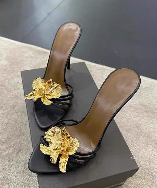 Black Stiletto Faux Leather Floral Splicing Slide Sandals