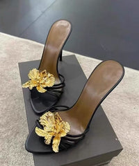 Black Stiletto Faux Leather Floral Splicing Slide Sandals