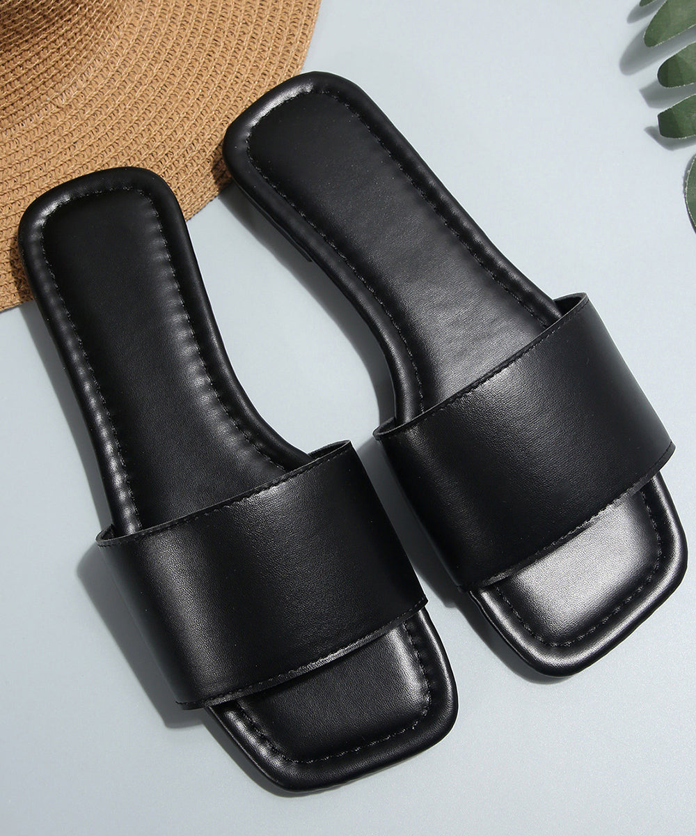 Black Faux Leather Fashion Slide Sandals Peep Toe