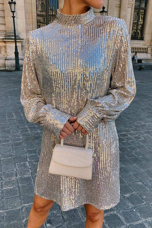 Sequined Long-sleeved Belted Casual Mini Dress