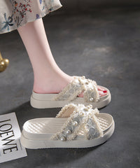 Beige Canvas Nail Bead Splicing Platform Slide Sandals
