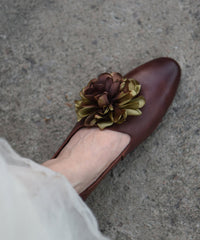 Handmade Grey Cowhide Leather Splicing Floral Flat Shoes